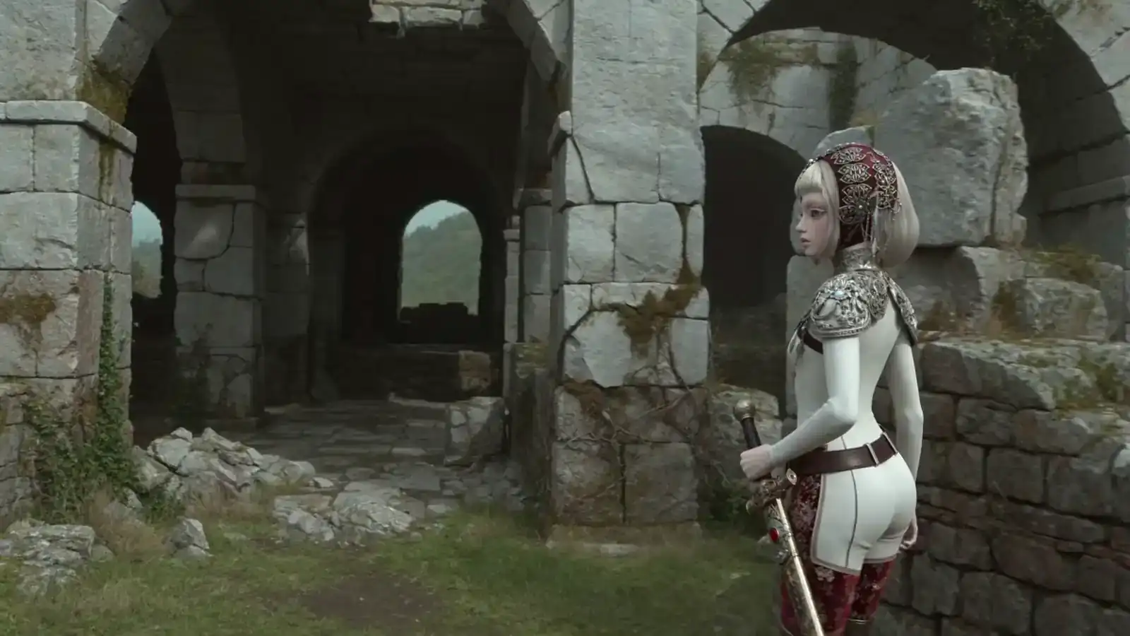 A knight exploring ancient stone ruins